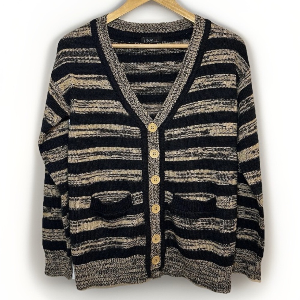 Vintage Inspired Statement Sweater Brown Stripe Button‎ Down V Neck Retro Size M